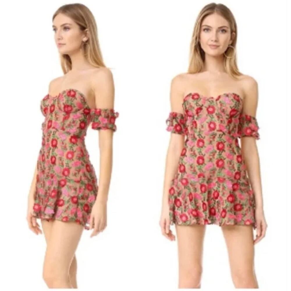 For Love & Lemons Pink and Green Floral Off-Shoulder Mini Dress